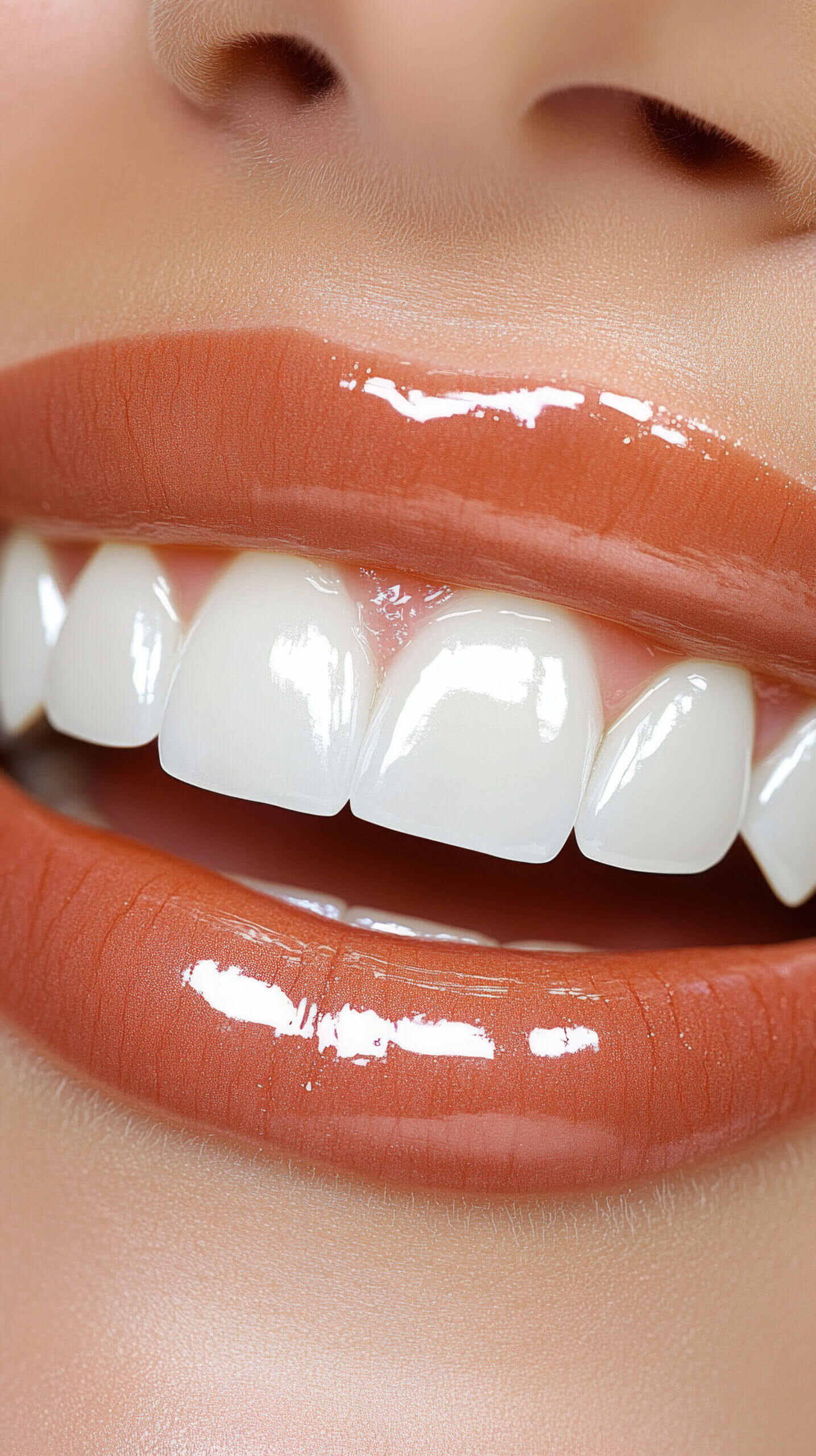 A close-up of a person's mouth reveals a bright smile with dental implants, highlighting the natural appearance and shine of the teeth