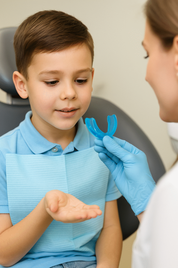 Ребенок на приеме у детского ортодонта в Таллинне, врач показывает миофункциональный тренер перед осмотром