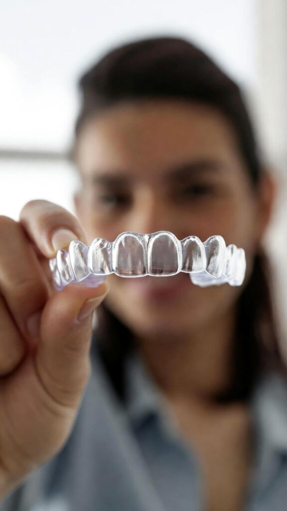 Женщина держит прозрачный лайнер перед началом лечения зубов